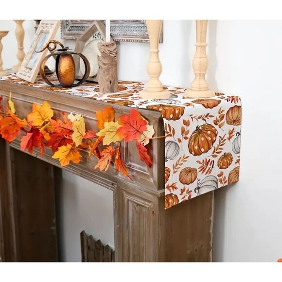 Fall Table Runner 13x72in Woven Polyester Pumpkins Leaves - Picture 2 of 3